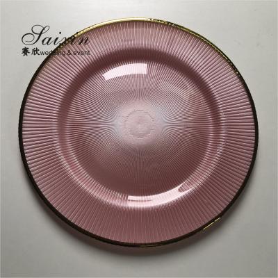 China Sustainable Wholesale Luxury Gold Edge Rose Gold Stripe Rounded Glass Charger Dishes For Weddings for sale