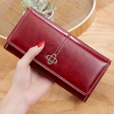 China New style waterproof long wallet for woman European wax retro women's wallet leather and American oil wholesale for sale