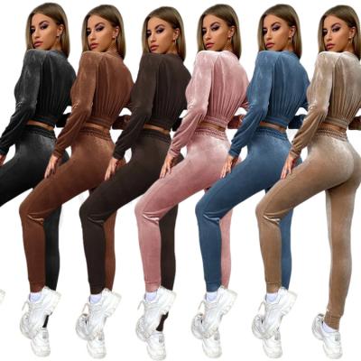 China 2021 breathable autumn and winter European and American women's fashion source quality solid color border cropped trouser suit for sale