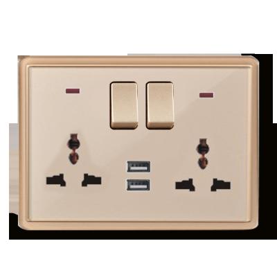 China 3 Pin Rectangular Dual 250V Power Wall Switch Socket Residential/General Purpose British Twin Socket Outlet With Dual USB for sale