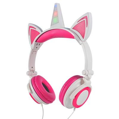 China Circumaural Amazon Best Selling LED Unicorn Design Wired Head Mounted Listen Music Cute Pink Unicorn Headphone for sale