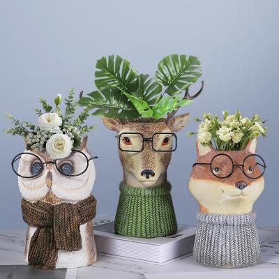 China Modern Creative Home Open Potted Vases Main Flower Arrangement Animals in Owl Fox Deer Plant Decoration Resin Cartoon Vase Flower Pot for sale