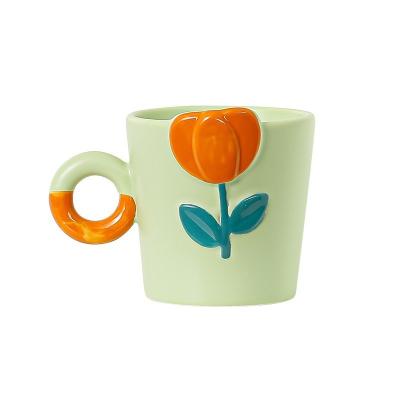 China Creative Tulip Ceramic Coffee Cup Mother's Day Sandstone Hot Chocolate Coffee Mugs Gift Present for sale