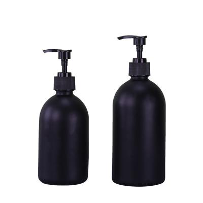 China 350ml 500ml Black Frosted Recyclable Round Body Shampoo Pump Matte Glass Cosmetic Dispenser Bottle Luxury High End for sale