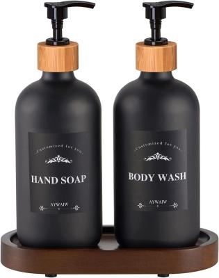 China Fashionable Hot Sale 16oz Hand Sanitizer Pump Press Glass Bottle Wooden Lid For Liquid Soap Dispenser Shampoo Bottle for sale