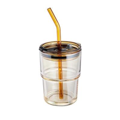 China 400ml 450ml Straw Cup Cover 400ml 450ml Coffee Milk Tea Luxury High End Juice Reusable Glass Portable Cup With Thermal Insulation for sale