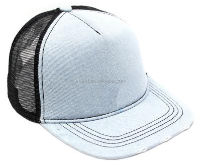 China Character 5 Panel Washed Denim Mesh White Bill Flat Cap With Polysnap Closure for sale