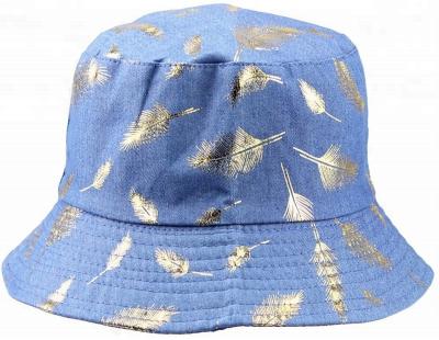 China Wholesale Fashion Character All Over Reflection Gold Silver Foil Feather Print Cotton Shiny Denim Fishing Hat And Bucket Hat for sale