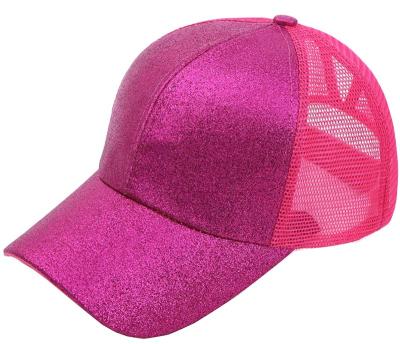 China New Fashion COMMON Wholesale Messy Bun Adjustable Pony Tail Trucker Sparkle Mesh 6 Panel Baseball Cap for sale