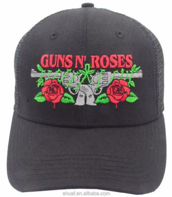 China Custom COMMON Gun and Roses Cotton Mesh Embroidery Fashion Brand Mesh Trucker Snapback Hat for sale