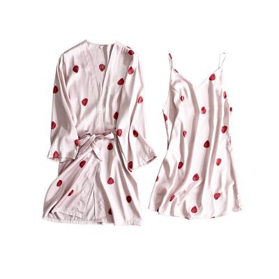 China New sexy QUICK DRY strawberry patterned silk pajamas for women with two piece breast pad for sale