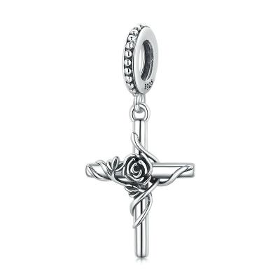 China lead free & Nickel Free 925 Sterling Silver Rose Flower Cross Pendant Charms For Jewelry Making for sale