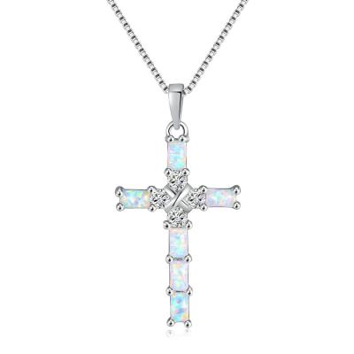 China Nickel Free and Lead Free High Quality Zircon Opal Cross Necklace 925 Sterling Silver Women Men Jewelry for sale