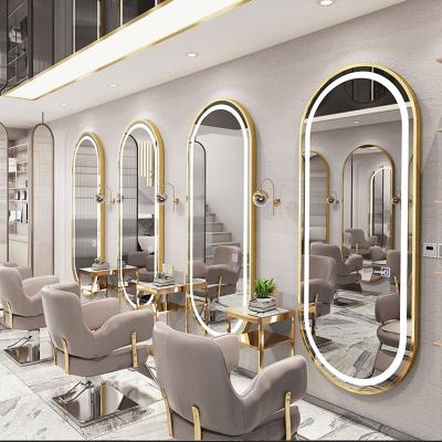 China Special Net Red Salon Furniture Barber Shop Tide Mirror Hair Dressing Mirror Table Modern Barber Shop With Lamp for sale