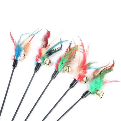 China Wholesale Funny Interactive Small Cat Toys Colorful Stocked Feather Bell Toys Play Plastic Rods For Pets Animal for sale