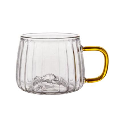 China Sustainable Hot Sale 350ml Vertical Stripe Glass Coffee Mug With Yellow Handle Hand-Blown Glass Mug for sale