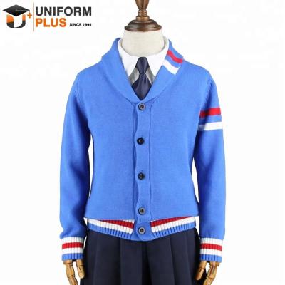 China Custom School Uniforms Blue Sweater Teenager School Kids Unisex Cardigan Pattern Design for sale