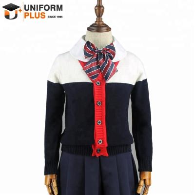 China Primary Style Custom Navy School Sailor Kindergarten School Uniform Cardigan Sweater Pattern Designs for sale