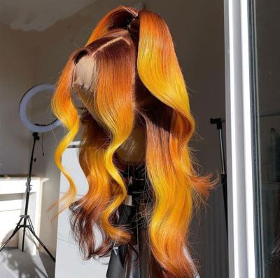 China Remy Highlight Ginger Colored Straight Orange Body Wave Ombre Human Hair Wig Adjustable Lace Front Sheer Strap With Baby Hair for sale