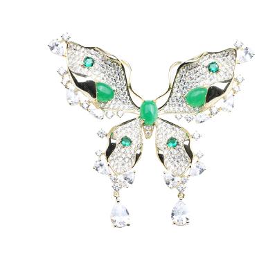 China Retro Jewelry Chinese Style Female Micro-Inlaid Zircon Insect Brooch Brass Green Butterfly Brooch for sale