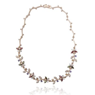 China Romantic Luxury Women's Colorful Diamond Branches And Leaves Butterfly Jewelry Fashion Necklace for sale