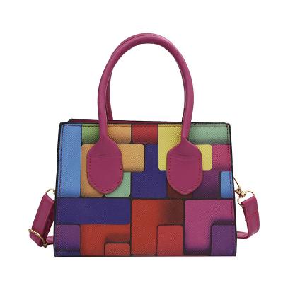 China RLB1007 Colorful Puzzle Block Printing PU Purse Mini Crossbody Shoulder Bag Handbag with Adjustable Strap for sale