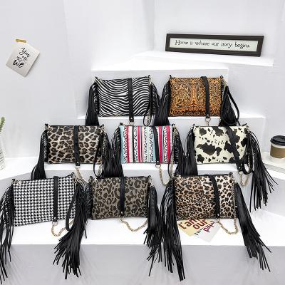 China Custom PU Print Cross Logo Packing Cow Houndstooth Leopard - Body With Fringe Bag Purse Chain Factory Wholesale for sale