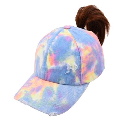 China Retro JOINT Hole Women Girls Fashion Outdoor Sports Hats Distressed Tie Dye Gradient Washed Ponytail Baseball Hats for sale