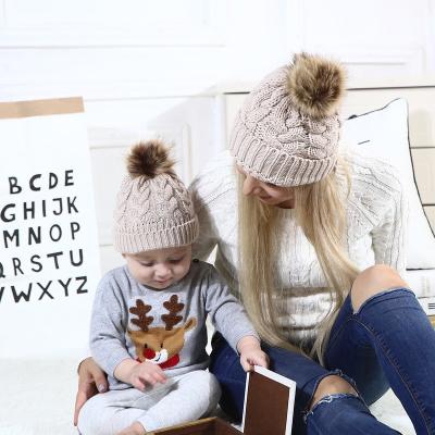 China Family Matching Mama and Me JOINT LOGO Custom ACRYLIC 100% Fur Pom Pom Beanie Hat Toddler Hats for sale