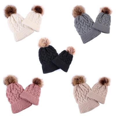 China Wholesale COMMON Family Matching Mommy and Me RKH1020 Fur Pom Pom Beanie Hat Toddler Hats for sale