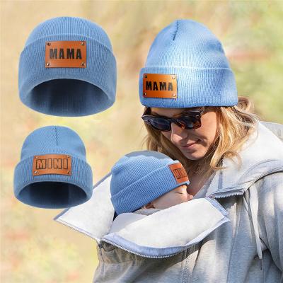 China Mrs COMMON Acrylic Wool Pullover Beanie Winter Hats Mommy and me MOM kids MINI Leather Label Knitted Hat winter hat for sale