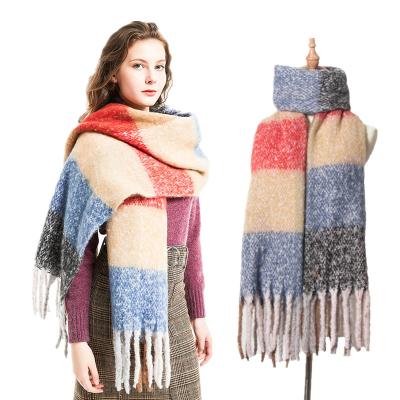 China RWJ2008 Oversized Polyester Woman Lady Fashion Thick Fringe Stripe Plaid Scarf Shawl for sale