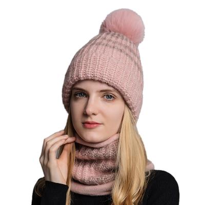 China Short Faux Fleece Soft Striped Windproof Pom Knit Beanie Hats Neck Warmer Hat Scarf Sets Winter Women Hats Scarves for sale