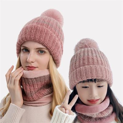 China Short Family Winter Hat Matching Scarf Set Wool Beanie Knit Pom Pom Beanie Covers Ski Caps For Mommy And Me Hat Scarf Set for sale