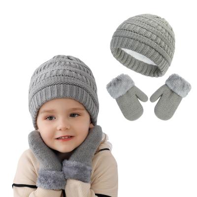 China Plain Logo Packing Wholesale Winter Children's Custom Thick Fleece Knit Hats And Gloves Set For Baby Boy Girls for sale