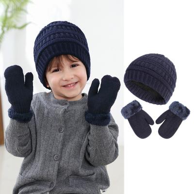 China RKH1046 Winter Kids Plain Hats and Gloves Set Thick Fleece Knit Hat Gloves 2 Piece Sets for Baby Boy Girls for sale