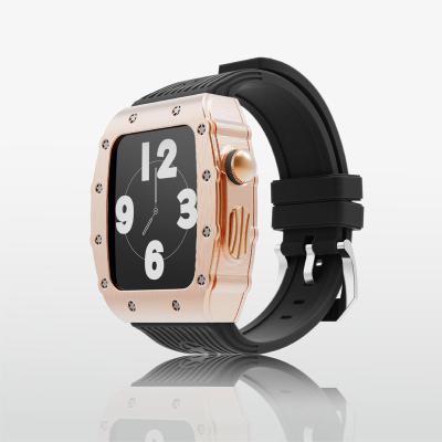 China Luxury Shockproof Metal Case With Silicone Band Strap For iWatch 7 45mm Se Modification Kit Rubber Strap Band For Apple Watch 44mm for sale