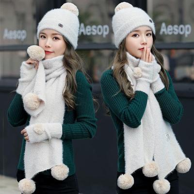 China Wholesale Plain 3 Piece Winter Beanie Hat Scarf Glove Set Long Plain for sale