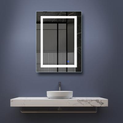 China Modern Battery Operated Frame Anti Fog LED Lighted Glass Touch Lit Vanity Bathroom Mirror For Hotel for sale