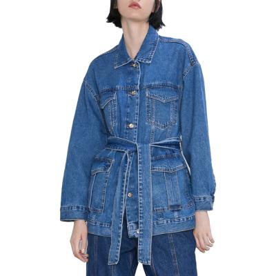 China Vintage Denim Jackets Ladies Blue Bandage Belt Tunic Fashionable Long Oatmeal Jacket Women for sale