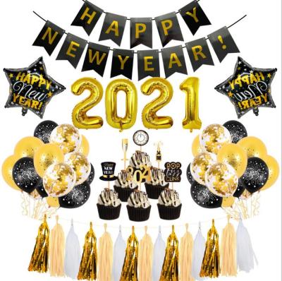 China Black Gold Foil 2021 Happy New Year Decorations Set For New Years Eve Party Decorations New Year Party Supplies for sale