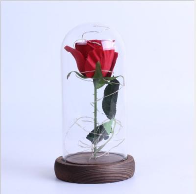 China Wedding Valentine's Day Gift Beauty and the Beast Preserved Eternal Red Roses Bloom in Glass Dome with Led Light Flower for Valentine Wedding Gift for sale