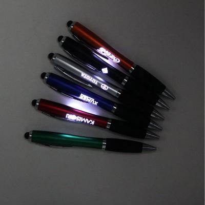 China Plastic twist stylus ballpoint pen with laser logo printing led light inside multi-function ballpoint pen for promotional for sale