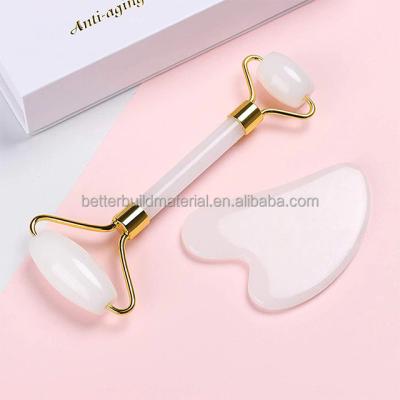 China Factory Price Beauty Quartz Jade Roller Facial Natural Skin Rejuvenation Massage Jade Roller Gua Sha Set With Box for sale