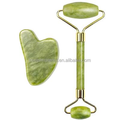 China Amazon Hot Selling Skin Rejuvenation Facial Jade Roller And Gua Sha Set With Box Green Face Beauty Jade Roller for sale