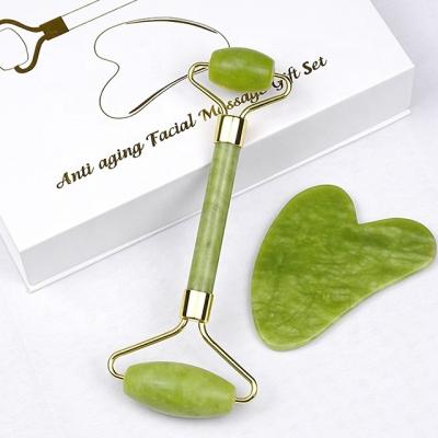 China Private Label Real Natural Nephrite Jade Facial Green Facial Roller Set and Gua Sha Massager for sale