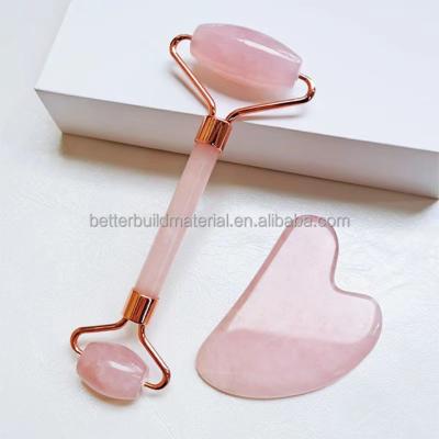 China Rejuvenation Jade Skin Roller for Face and Gua Sha Massager Scrubbing Set --100% Natural Rose Quartz Facial Roller for Eye Neck for sale