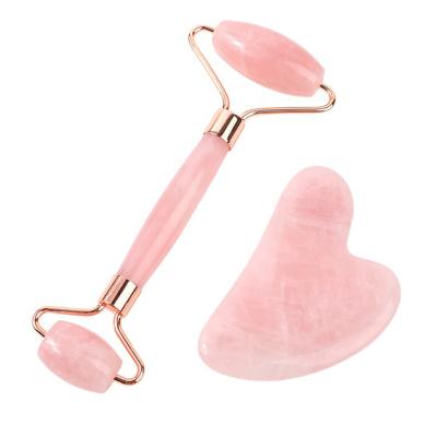 China Custom Made Rose Jade Roller Gua Sha Set Rose Quartz Face Roller Skin Rejuvenation Amazon Hot Selling Sets For Face Massager Tool for sale