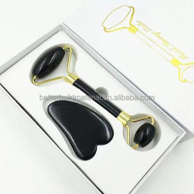 China Cheapest Wholesale Price Skin Rejuvenation Natural Jade Roller With Gua Sha For Face Black Obsidian Jade Roller With Box Packed for sale