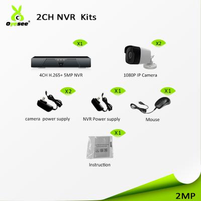 China NIGHT VISION hd 2MP 1080 bullet Hi3516 ip camera cctv 2ch nvr kit ip66 IR range 20m P2P software download for sale